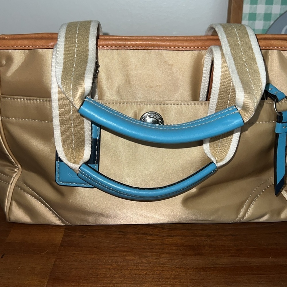 Coach Hampton Gold Blue Leather Small Tote Bag F11992 - Picture 4 of 10